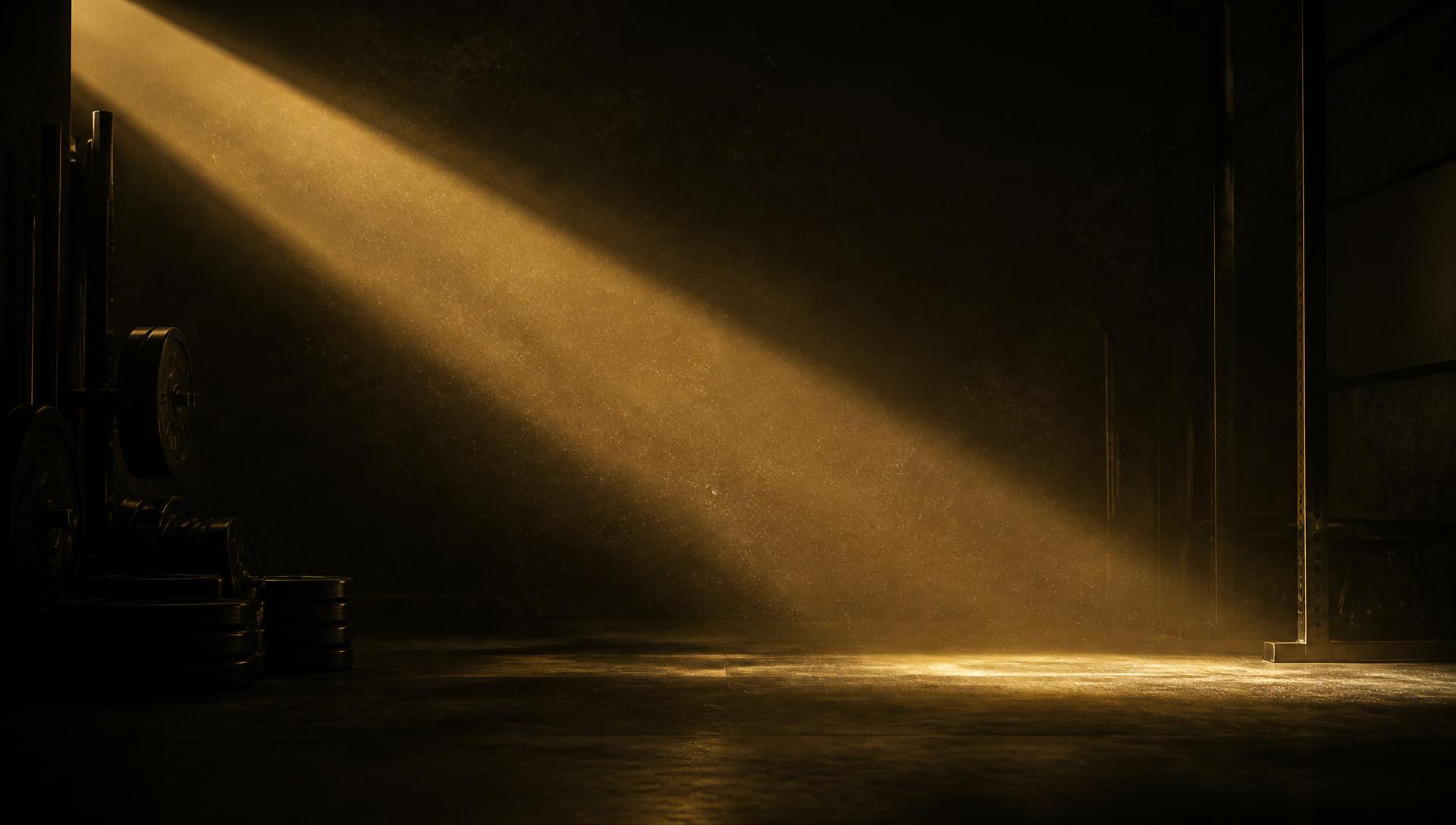 A shaft of golden light crossing an empty gym space