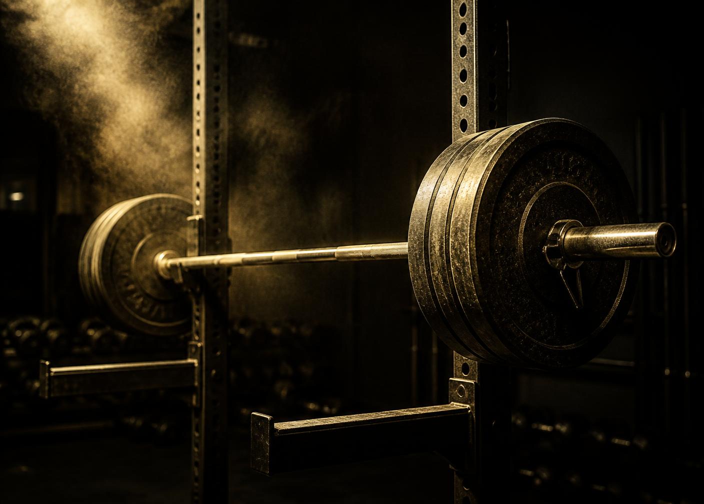 Loaded barbell resting on a rack in a dimly lit gym