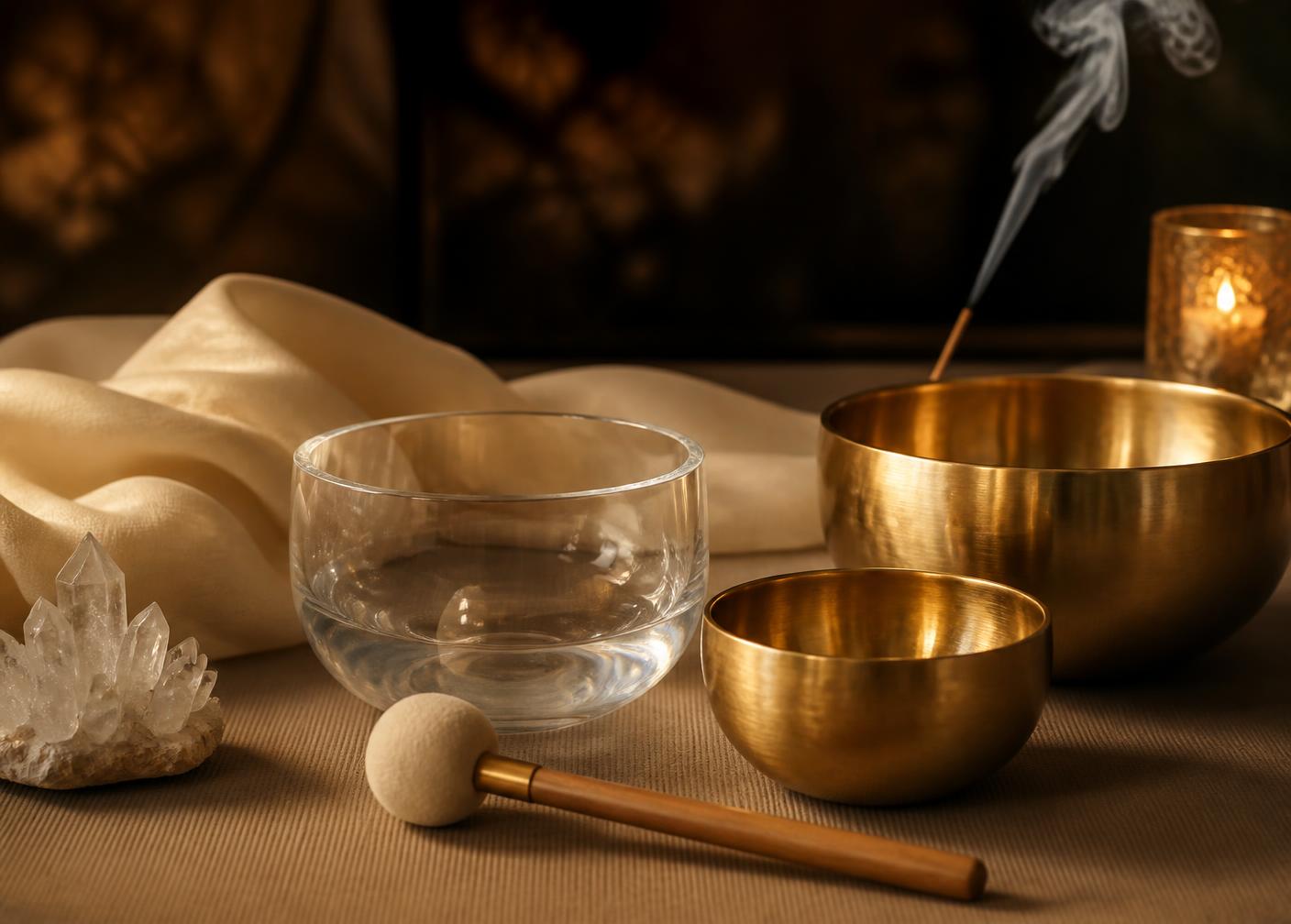 Crystal and brass singing bowls prepared for a sound bowl session